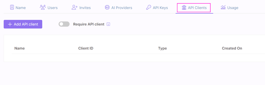 API Clients tab