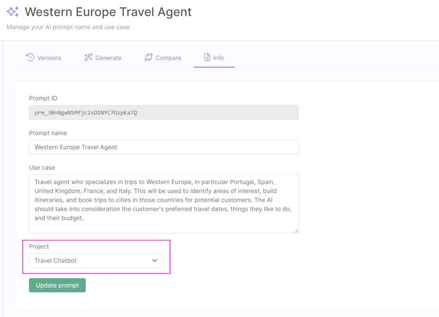 Assigning prompt to a project