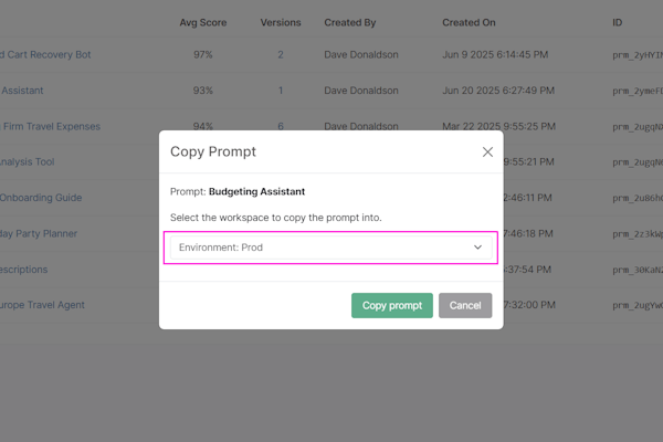 Copying prompt to another workspace