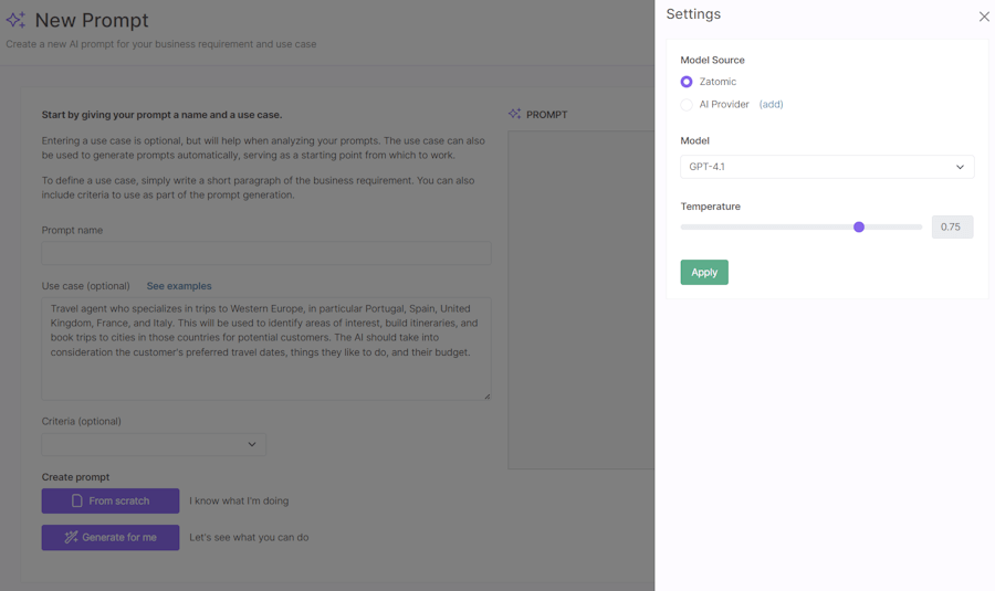 Prompt settings panel