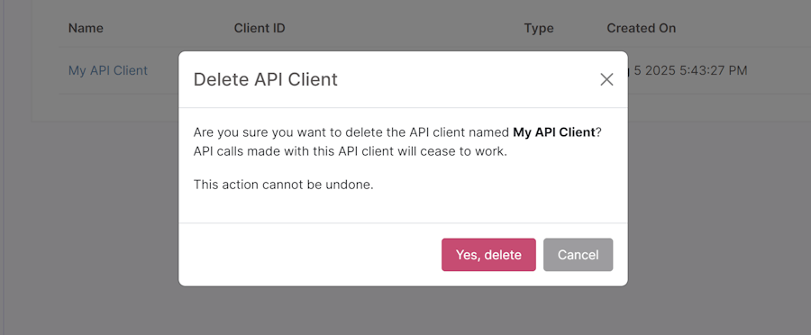 Delete API client modal