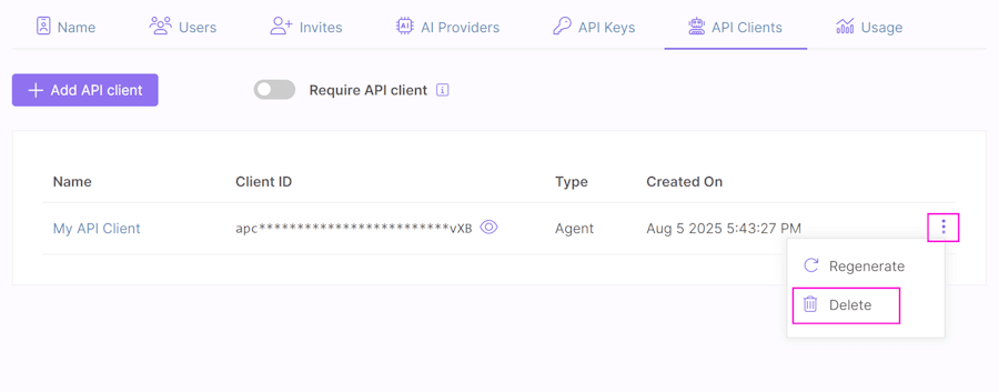 Delete API client option