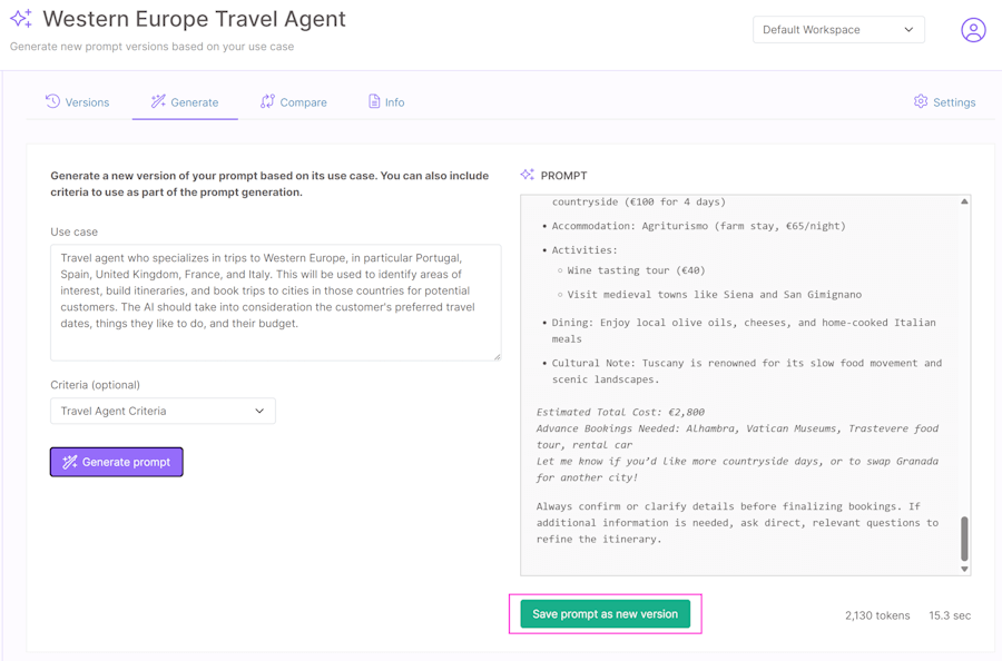 Save generated prompt version