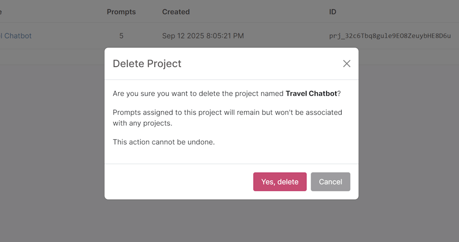 Delete project modal