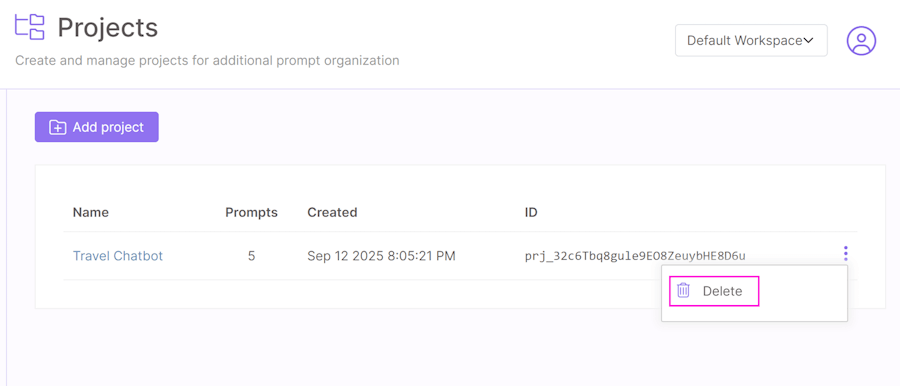 Delete project option