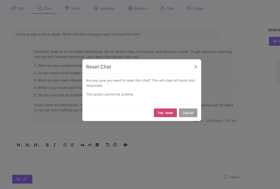 Chat reset modal
