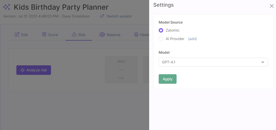 The settings panel