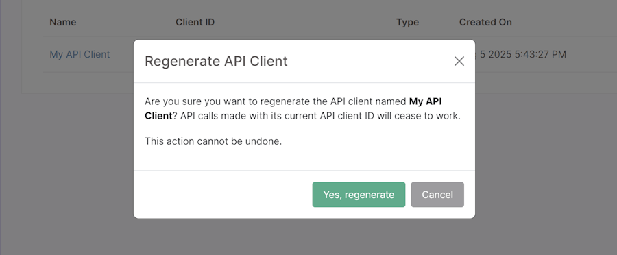 Regenerate API client modal