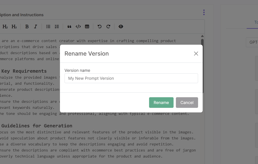 Modal for renaming prompt version