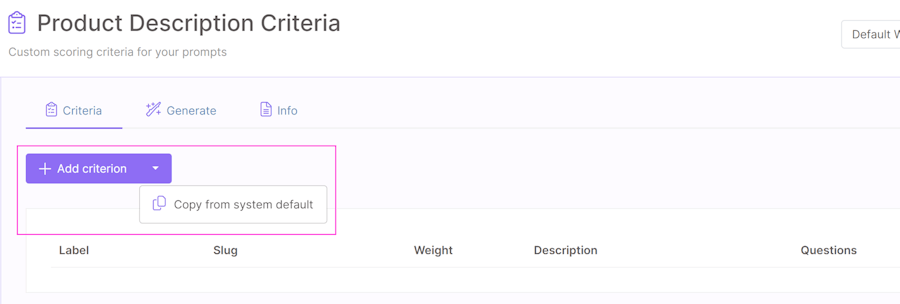 Add criterion from system default