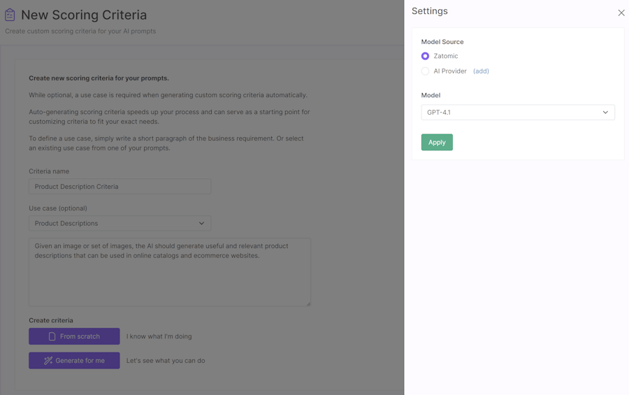Criteria settings panel