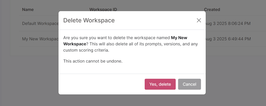 Delete workspace modal