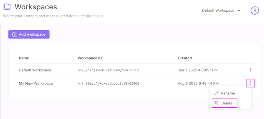 Delete workspace option